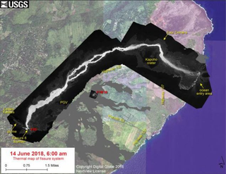 Mapa térmico del sistema de fisuras y flujo de lava.
